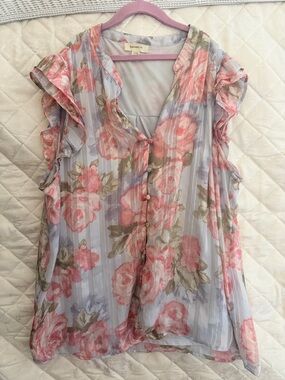 Pink Floral Ruffle Button-Front Blouse